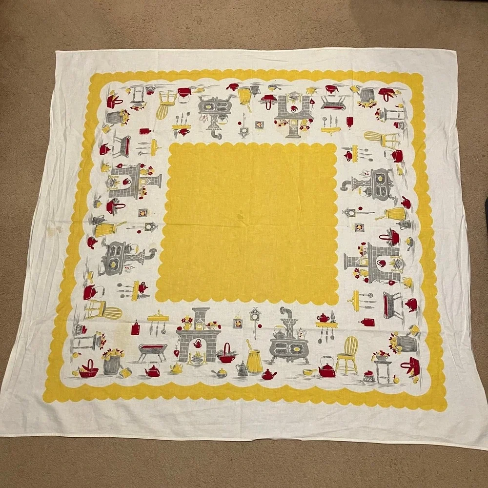 Vtg 1960s Country Kitchen‎ Tablecloth Yellow Stove Utensils Kettle 46x46